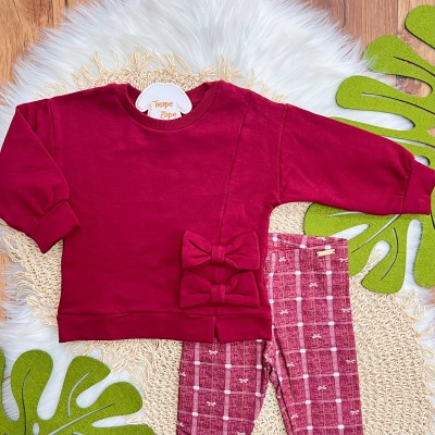 Conj. Casaco de Moletom Laços e Calça Legging - Cereja